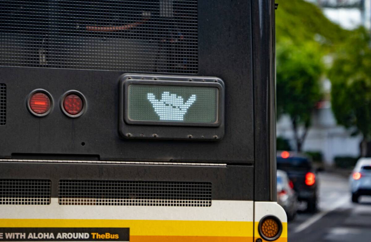 A Honolulu City Bus, TheBus, displays a shaka after merging to Alapai Street on Wednesday, Marc ...