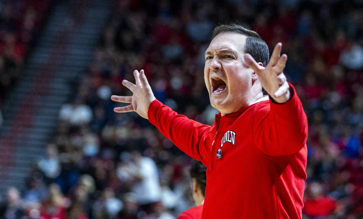 UNLV Rebels head coach Kevin Kruger yells about a lack of foul calling against the San Diego St ...