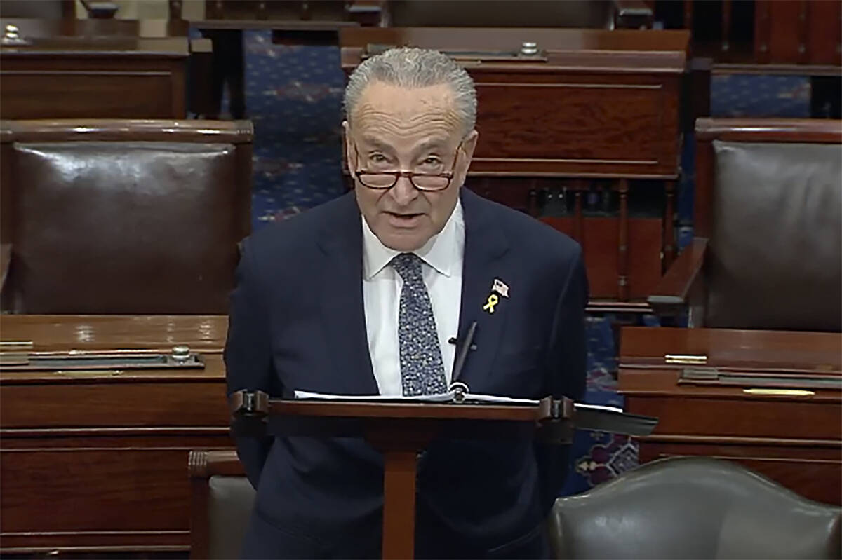 In this image from video provided by Senate TV, Senate Majority Leader Chuck Schumer, D-N.Y., s ...