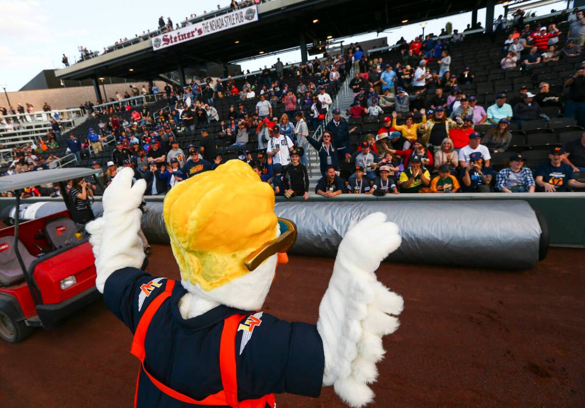 Mascot Spruce the Goose pumps up the crowd before the start of the Las Vegas Aviators' home ope ...