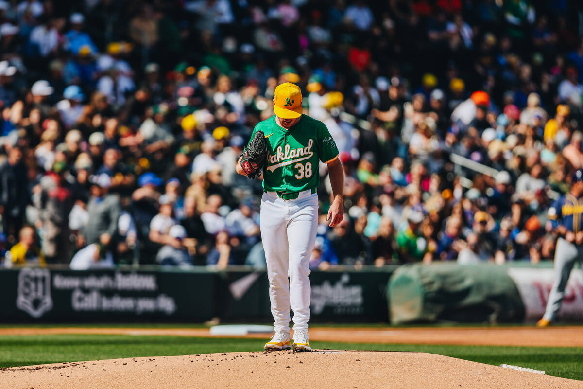 Oakland A’s pitcher JP Sears (38) steps up to the mound during a Big League Weekend game ...