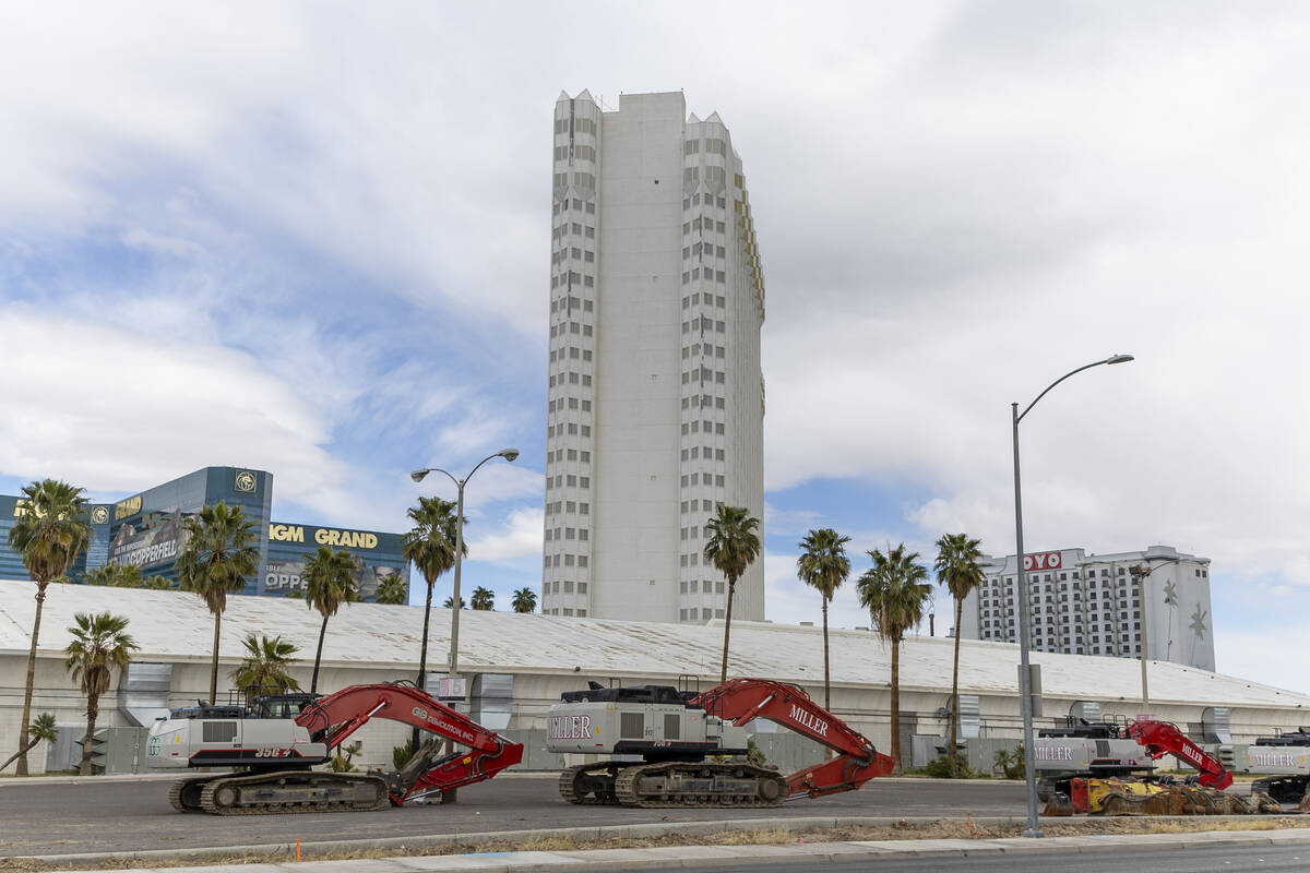 Excavators and other equipment sit on a back lot of the Tropicana on Thursday, March 14, 2024, ...