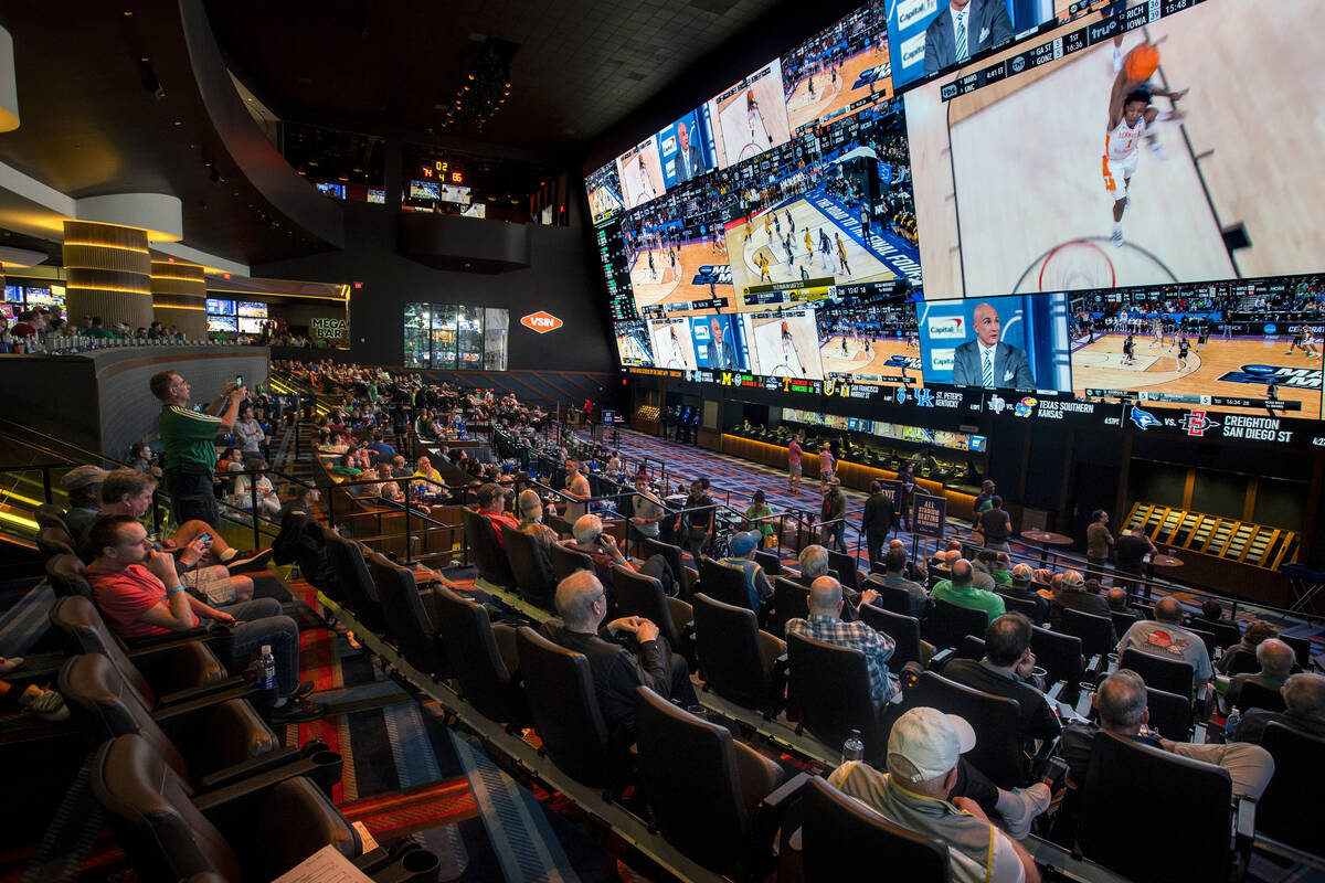 The Circa Sportsbook is packed with fans during the first day of March Madness on Thursday, Mar ...