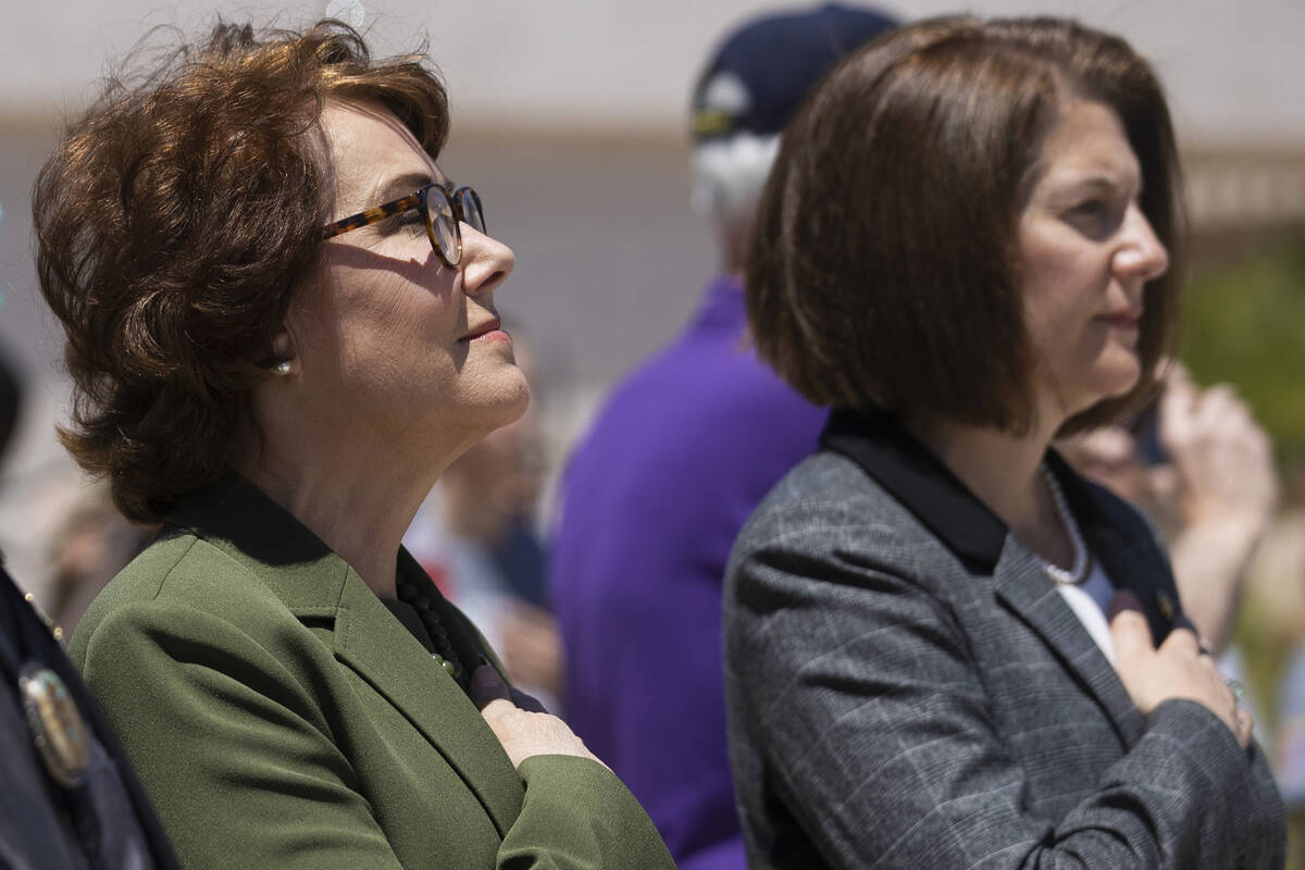 Sens. Jacky Rosen, left, and Catherine Cortez Masto, both Nevada Democrats, pay tribute to fall ...