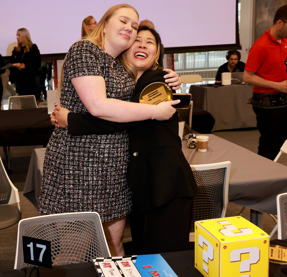 Medical students Kataryna Jaworsky, left, and Kim Inciong celebrate after finding out where the ...