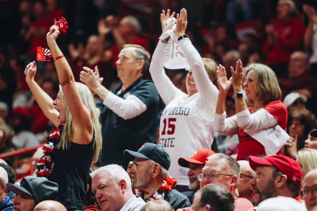 A San Diego State fan cheers during the Mountain West tournament at the Thomas & Mack Cente ...