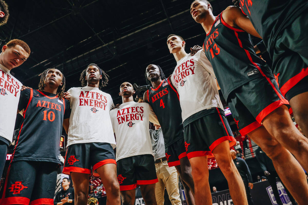 San Diego State basketball players huddle together before a game against Utah State during the ...