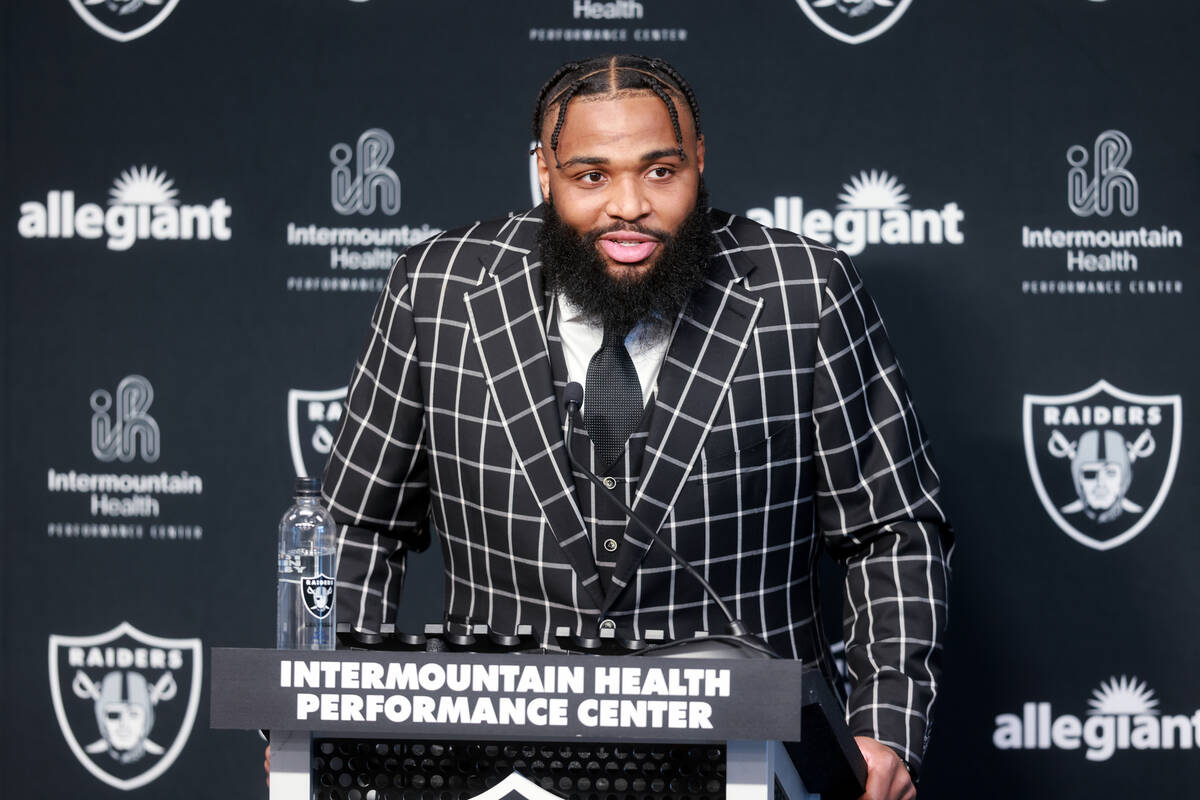 New Raiders defensive tackle Christian Wilkins talks to the news media at Intermountain Health ...