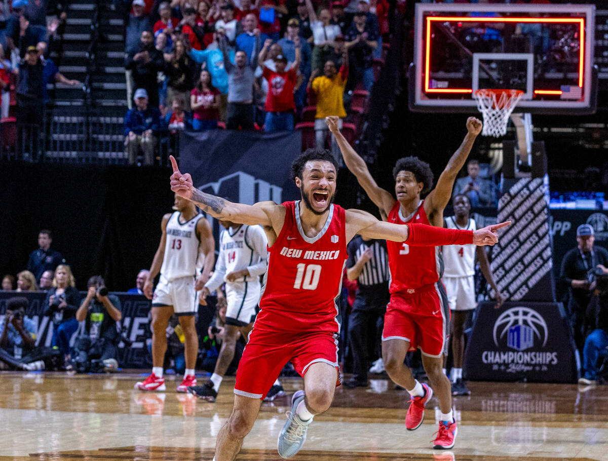 New Mexico Lobos guard Jaelen House (10) runs down the court in celebration of a win as time ru ...