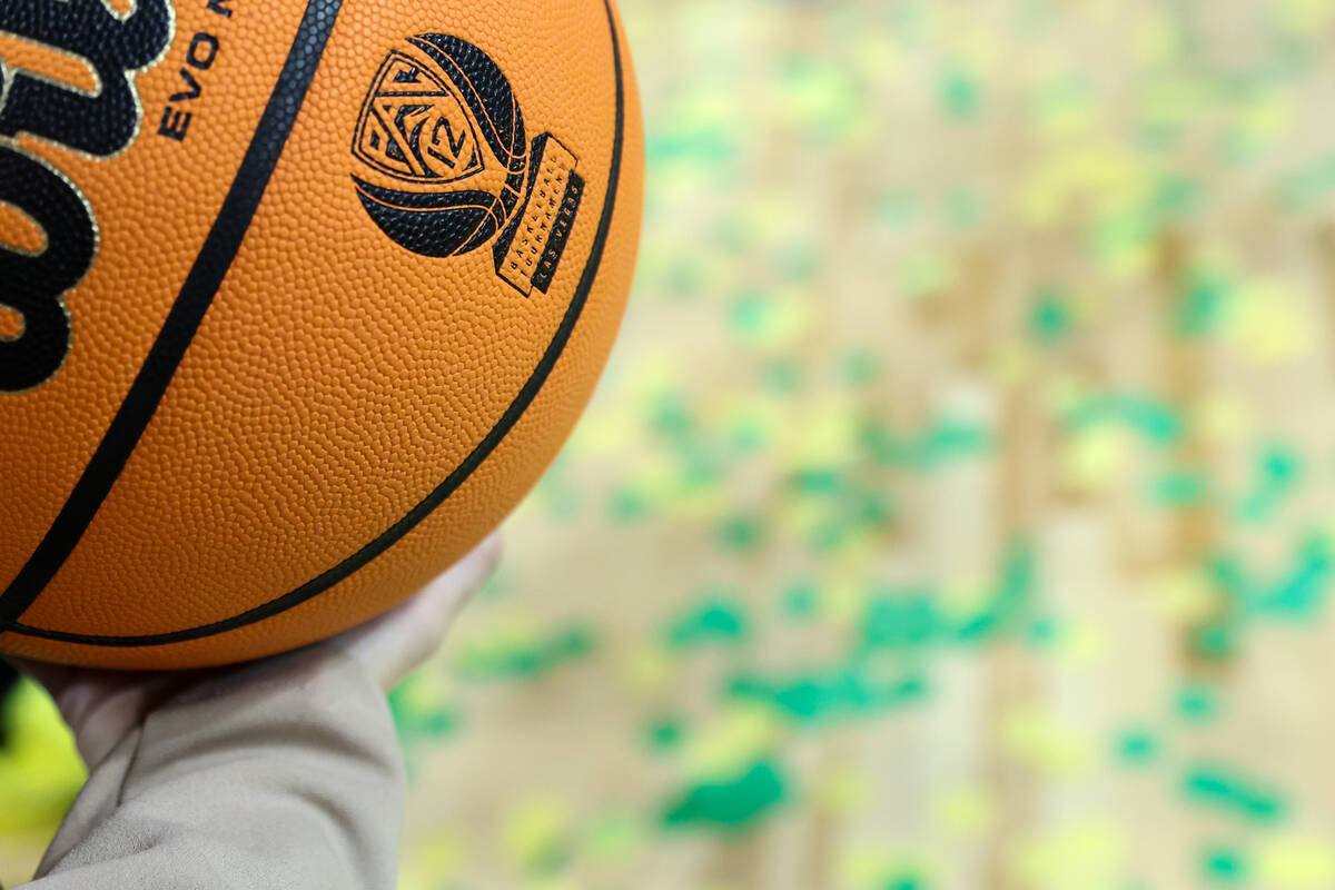 A Pac-12 Tournament ball is seen on the court after the Oregon Ducks defeated the Colorado Buff ...