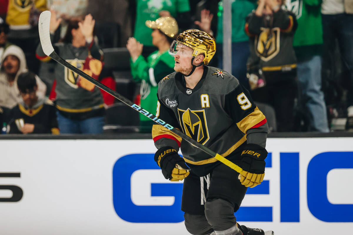 Golden Knights center Jack Eichel (9) skates away after celebrating scoring a goal with his tea ...