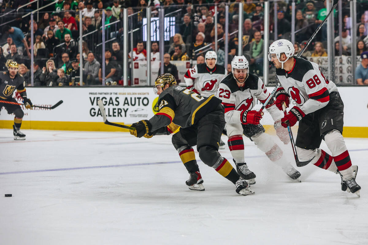 Golden Knights center Brett Howden (21) skates after the puck during an NHL game between the Go ...