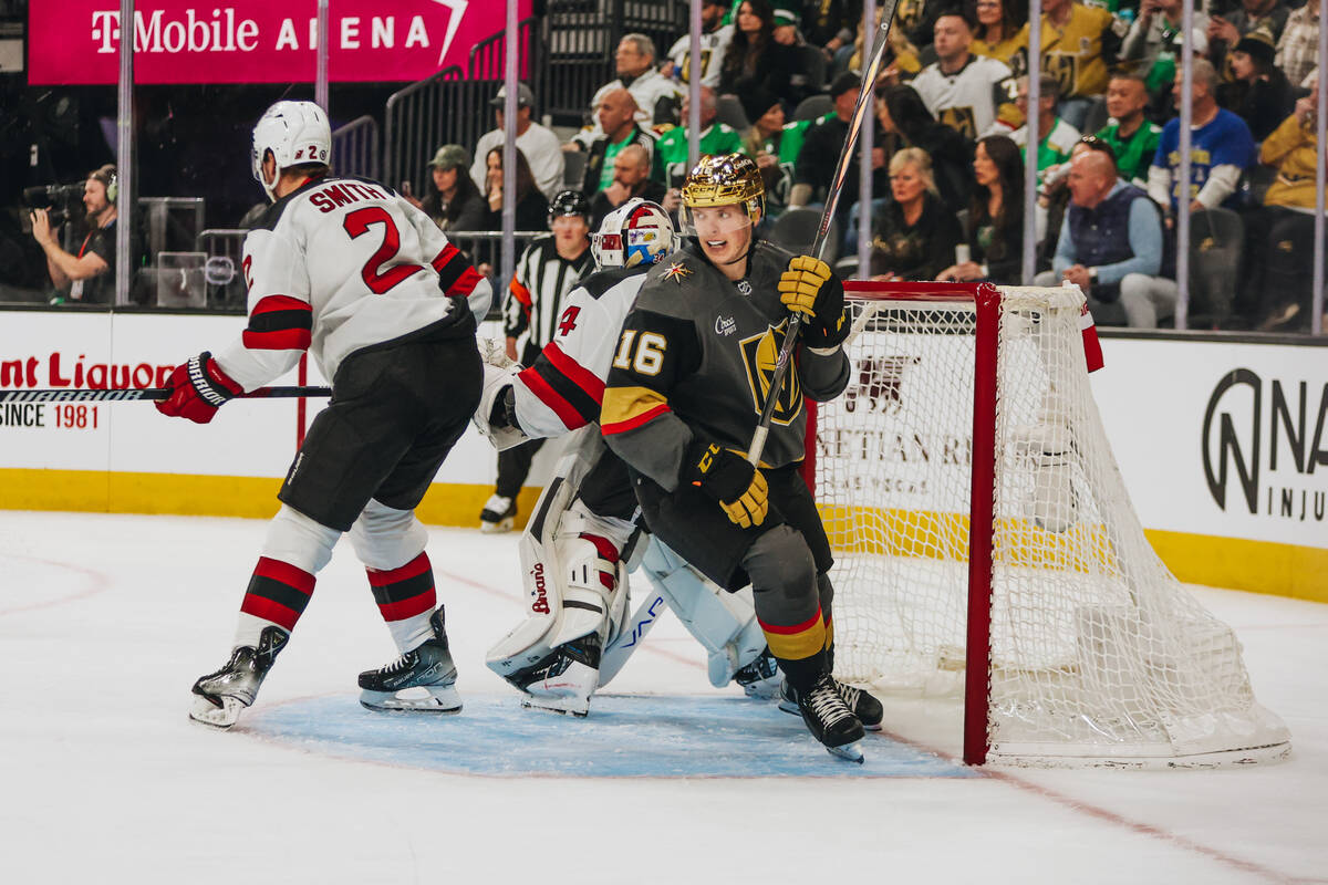 Golden Knights left wing Pavel Dorofeyev (16) skates out of the net area as the Golden Knights ...