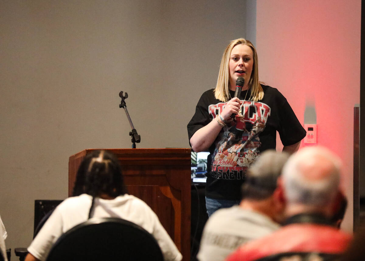 Head coach La Rocque addresses the audience at a watch party for the UNLV Lady Rebels basketbal ...