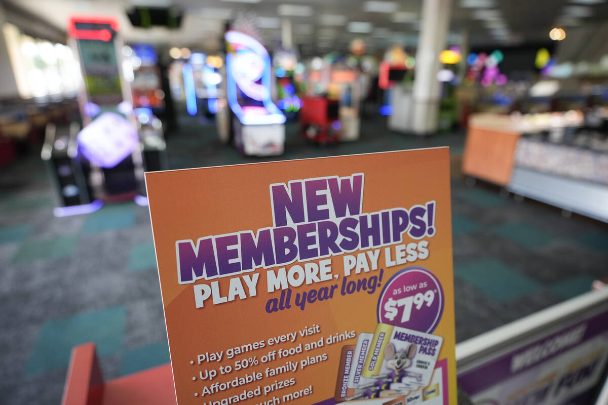 A sign advertises new memberships at the entrance to a Chuck E-Cheese location Wednesday, March ...
