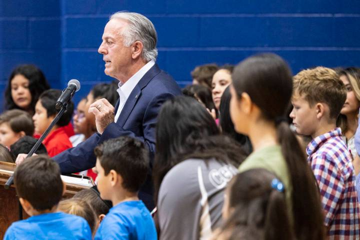 Gov. Joe Lombardo speaks during a "school choice" rally at Saint Anne Catholic School on Friday ...