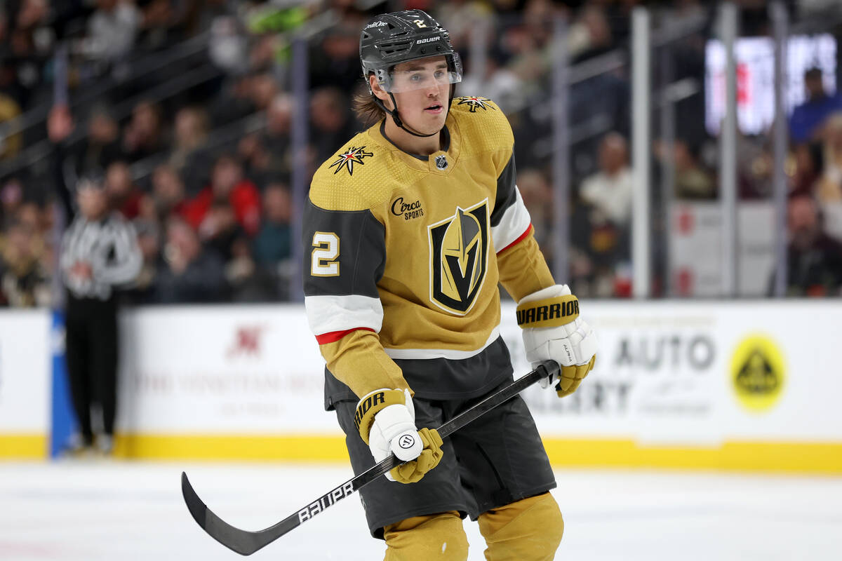 Golden Knights defenseman Zach Whitecloud (2) skates during the second period of an NHL hockey ...