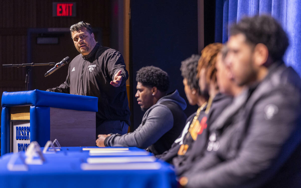 Head football coach Tico Rodriguez has kind words to say as he introduces 6 of the Desert Pines ...