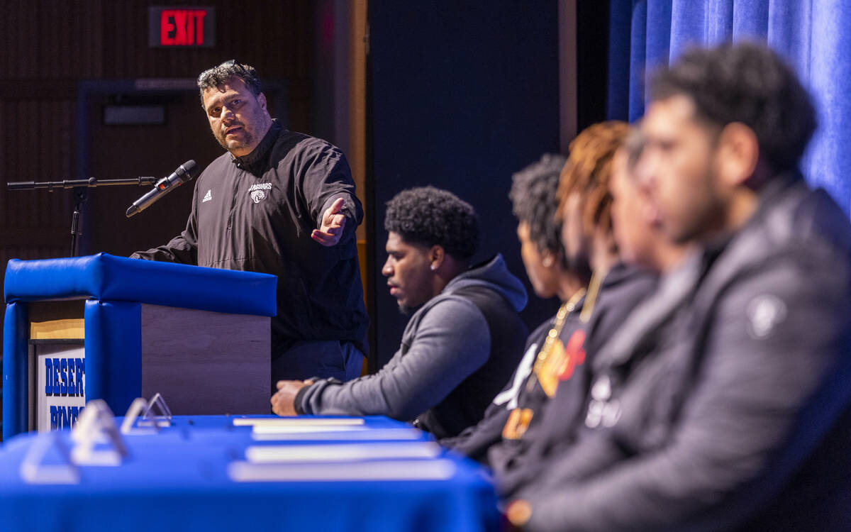 Head football coach Tico Rodriguez has kind words to say as he introduces 6 of the Desert Pines ...