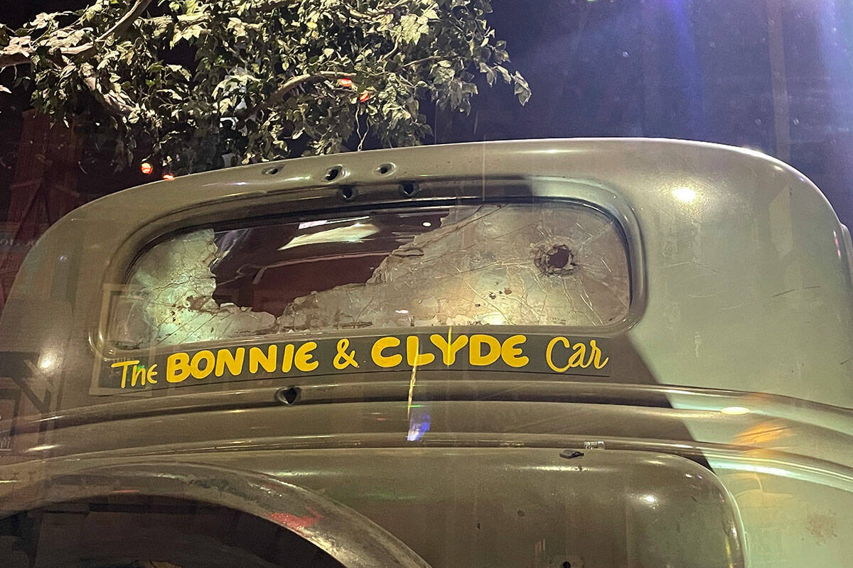 The shattered back windshield on the "Bonnie and Clyde Death Car"