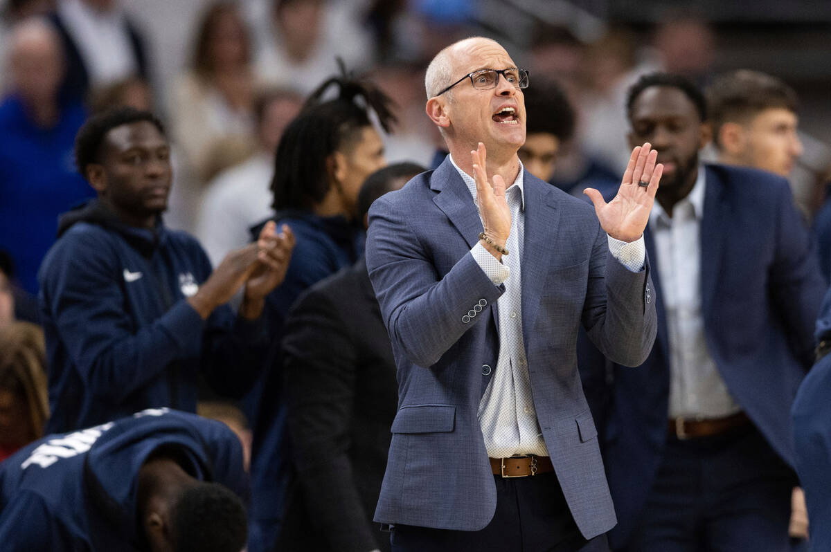 UConn head coach Dan Hurley yells to his team as they play against Creighton during the first h ...
