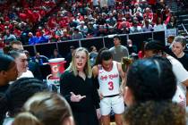 UNLV Lady Rebels head coach Lindy La Rocque speaks to her team an NCAA college basketball champ ...