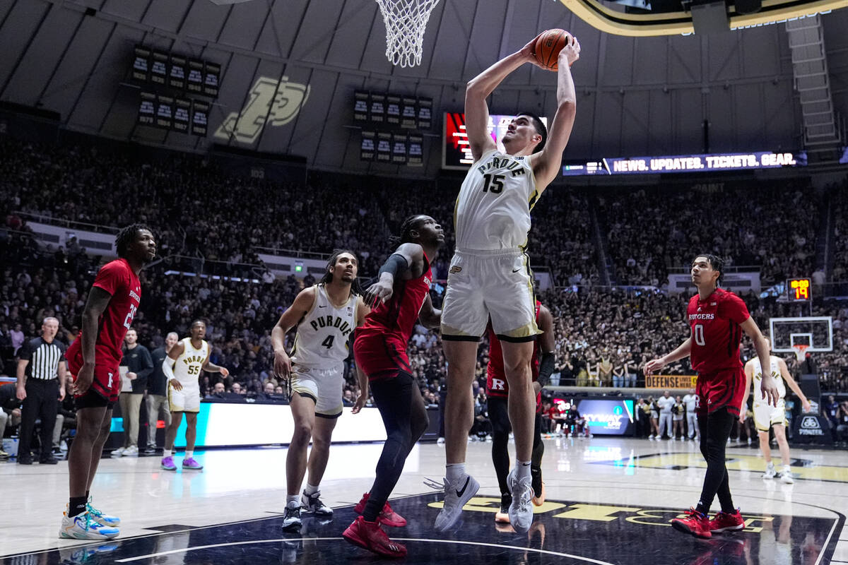 Purdue center Zach Edey (15) shoots against Rutgers during the second half of an NCAA college b ...