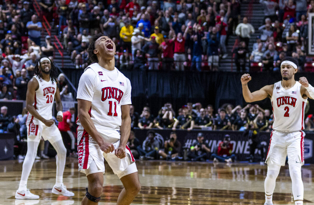 UNLV Rebels guard Dedan Thomas Jr. (11) is pumped up as he scores to send the game into overtim ...
