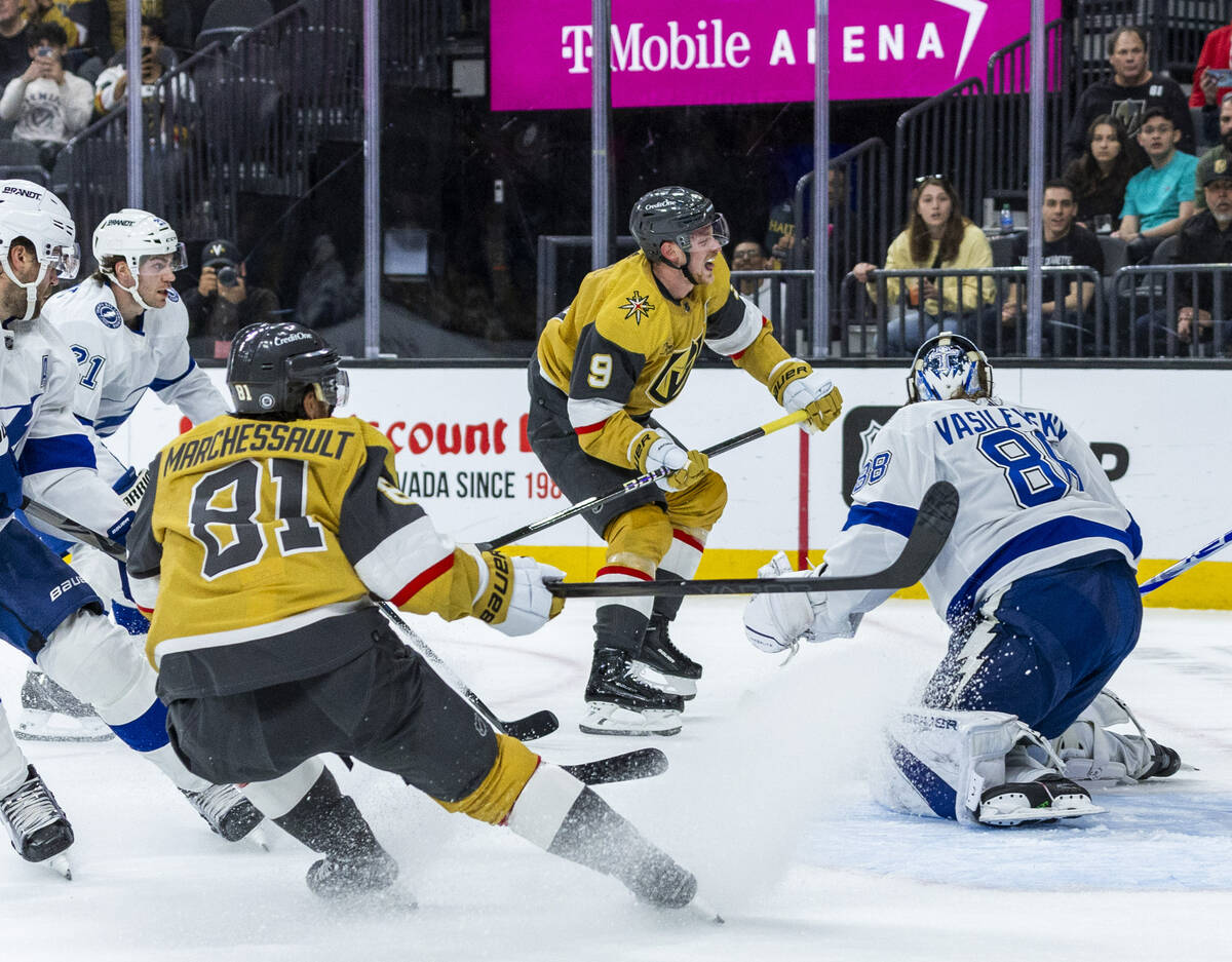 Golden Knights center Jack Eichel (9) yells after missing a shot against Tampa Bay Lightning go ...