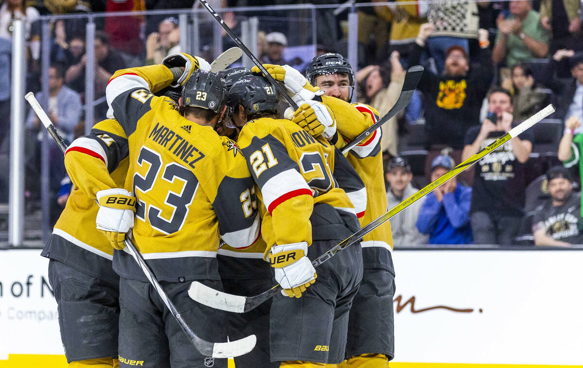 The Golden Knights celebrate a goal over the Tampa Bay Lightning during the third period of the ...