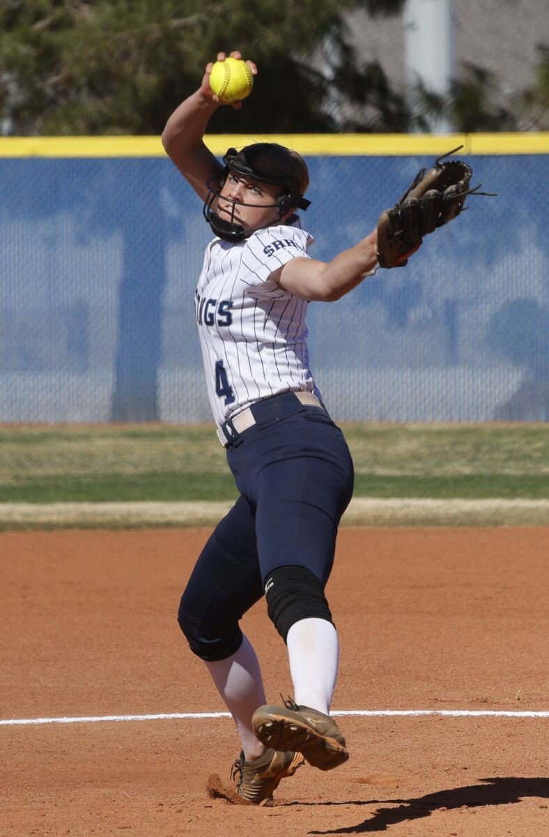 Shadow Ridge pitcher Josslin Law (4) delivers during the first inning of a softball game agains ...