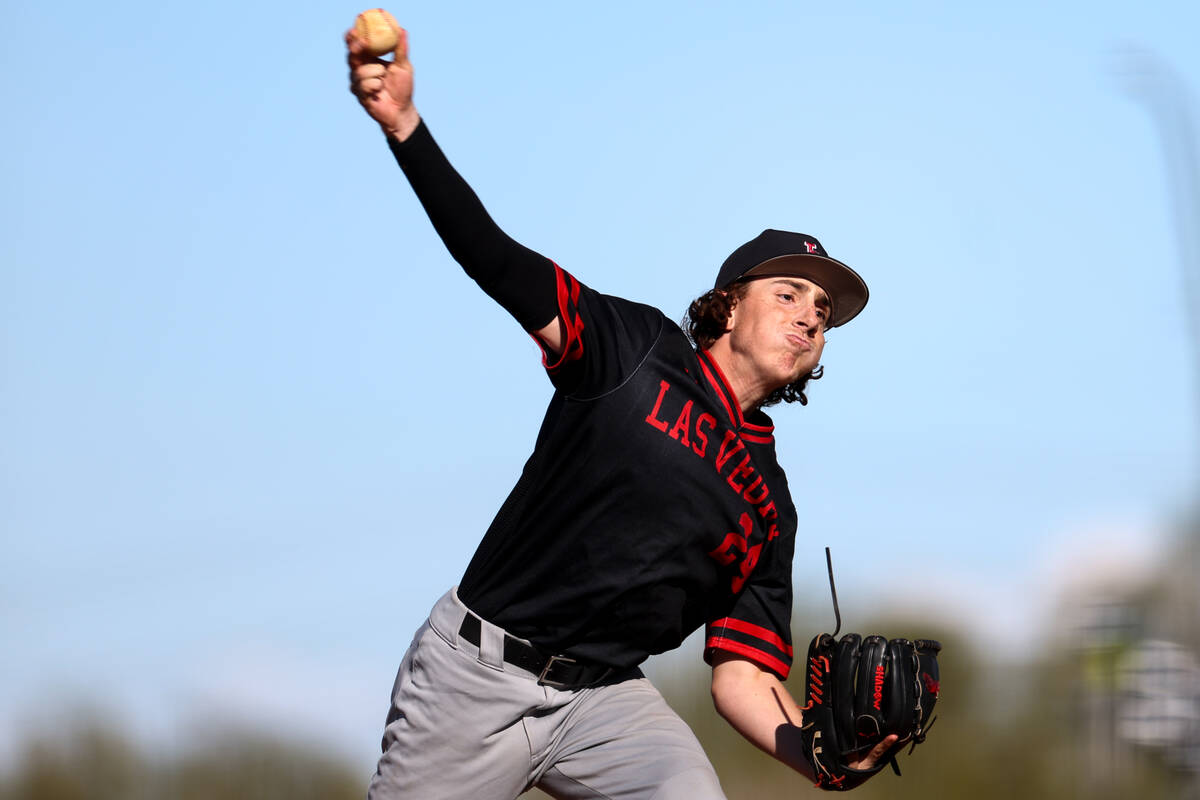 Las Vegas pitcher Joseph Ponticello throws to Desert Oasis during a high school baseball game a ...