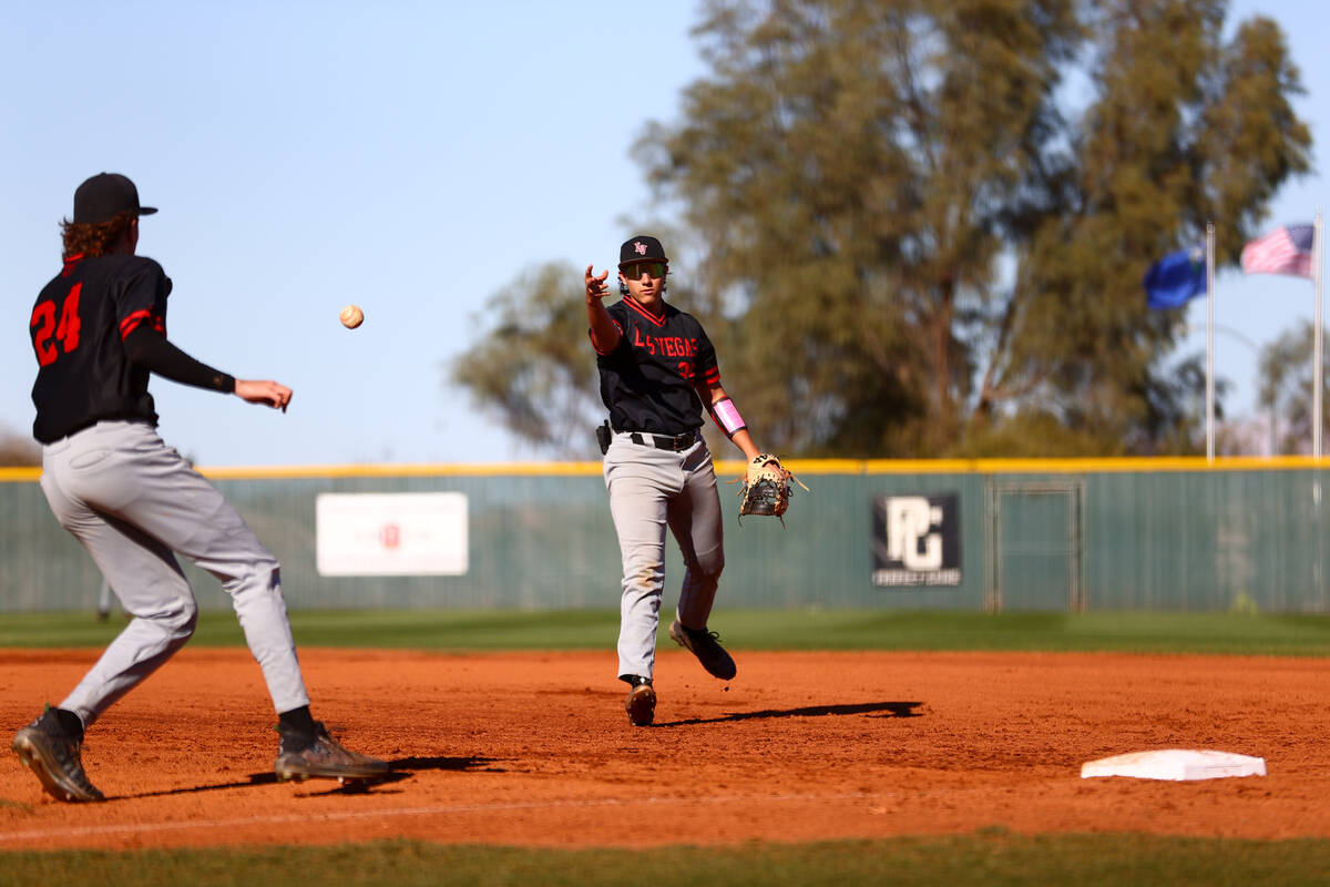 Las Vegas first baseman Dallas Martinez (25) tosses the ball to pitcher Joseph Ponticello (24) ...