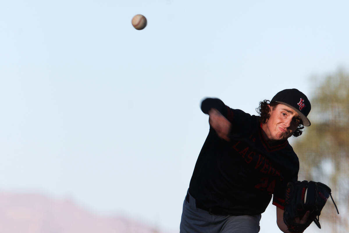 Las Vegas pitcher Joseph Ponticello throws to Desert Oasis during a high school baseball game a ...