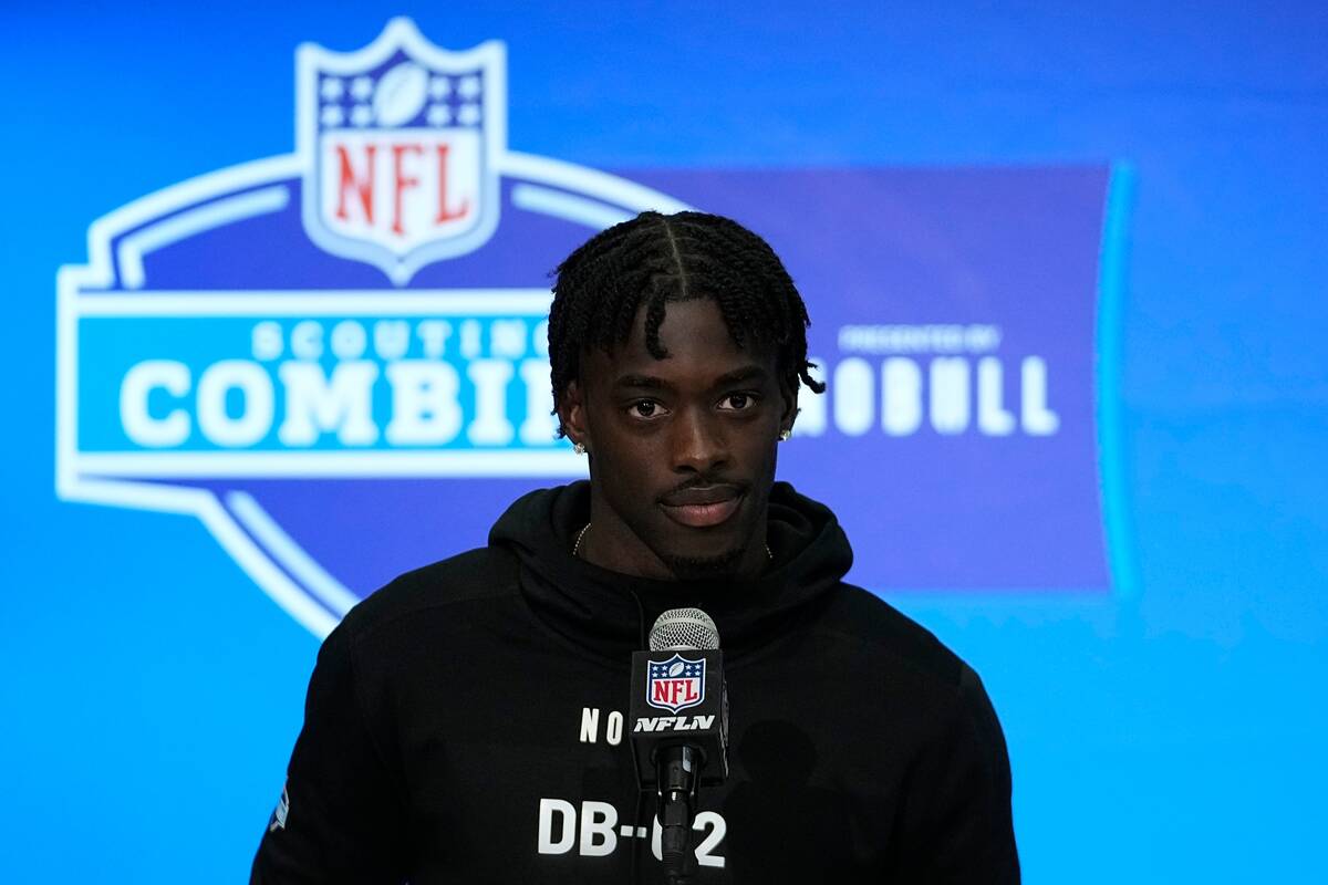 Alabama defensive back Terrion Arnold speaks during a news conference at the NFL football scout ...