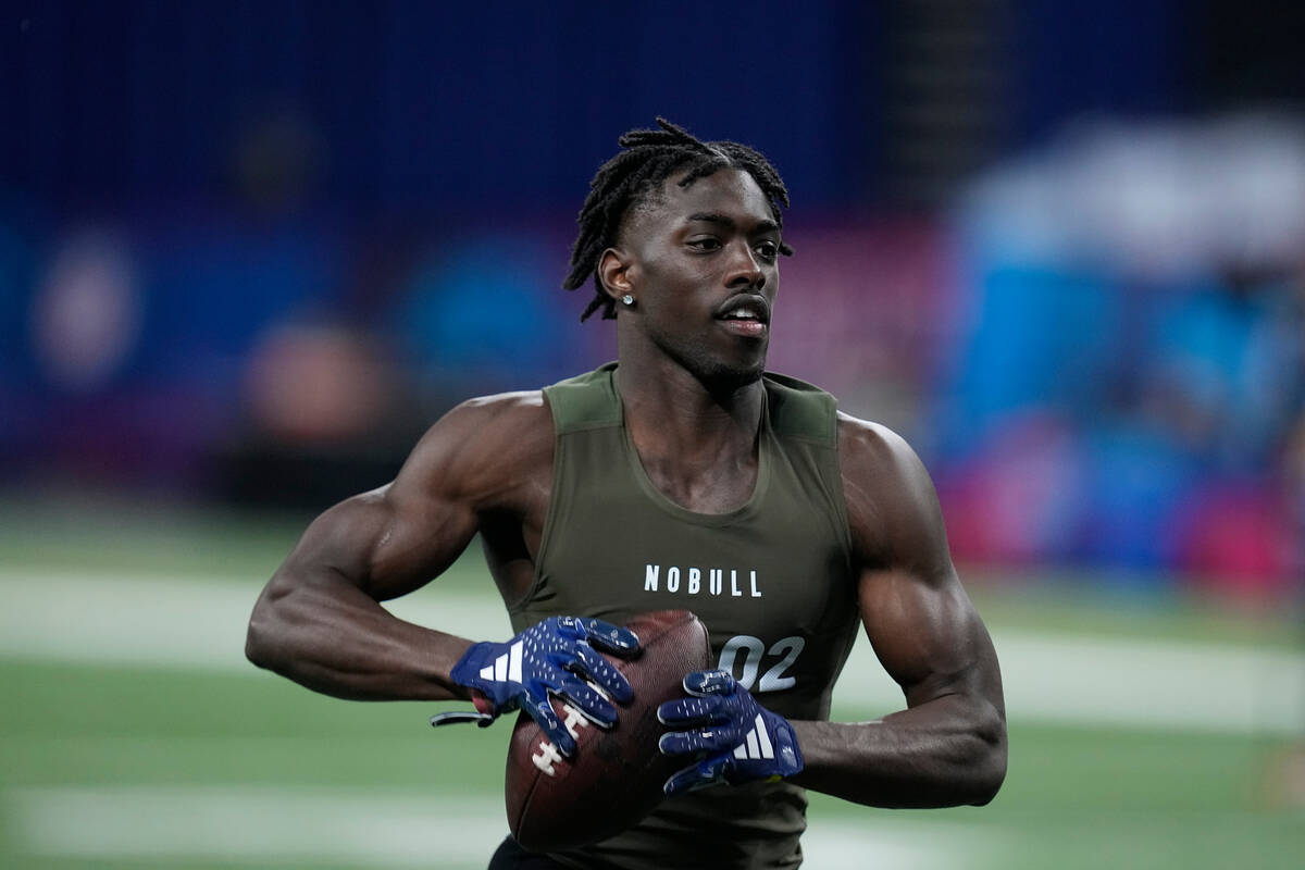 Alabama defensive back Terrion Arnold runs a drill at the NFL football scouting combine, Friday ...