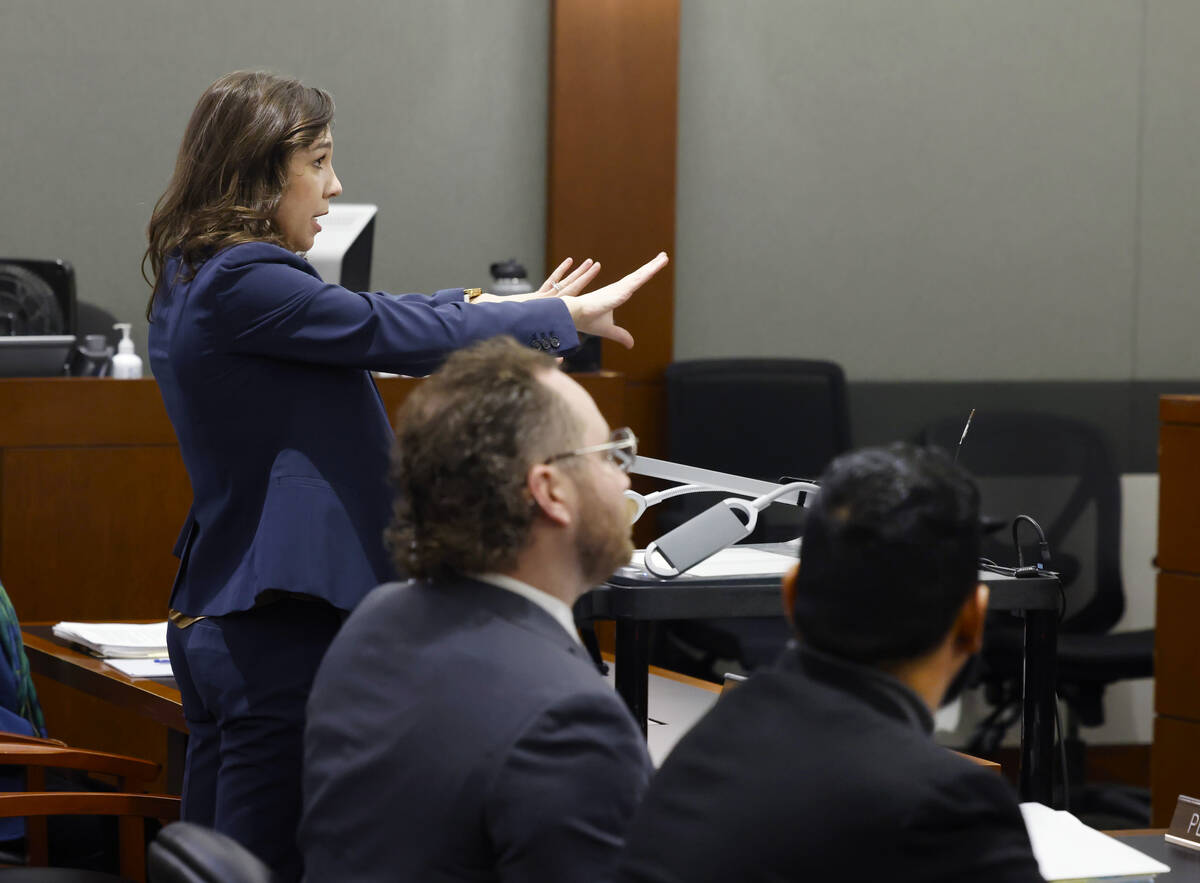 Attorney Jackie Nichols, left, representing CCSD, addresses the court as Athar Haseebullah, rig ...