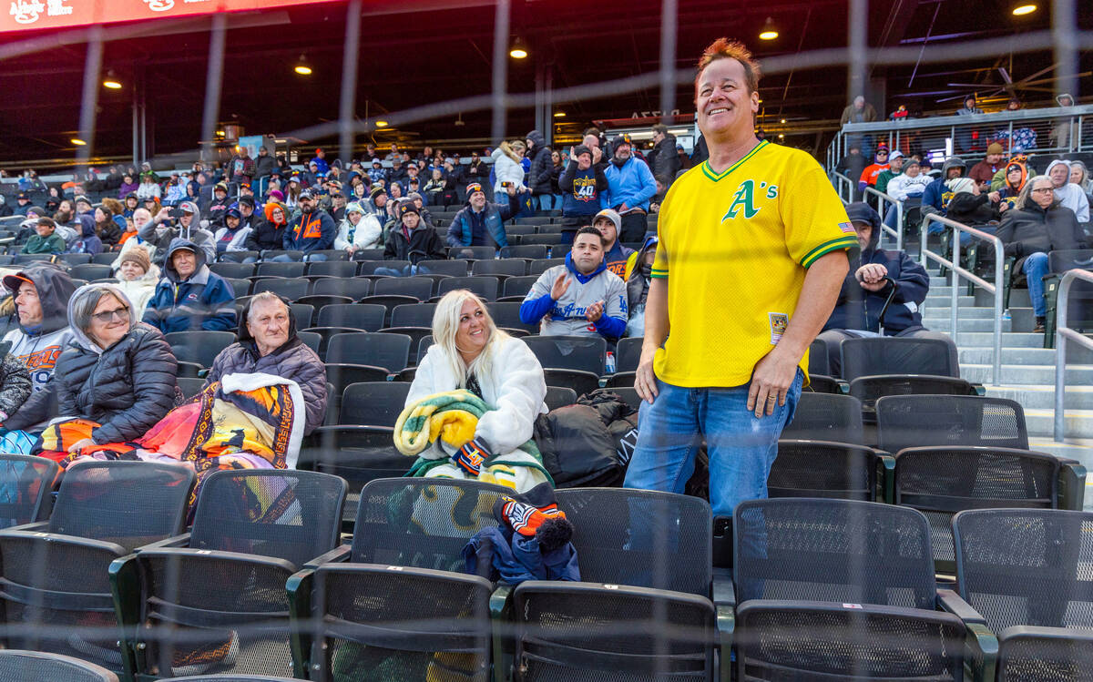 Dane Brooks shows off his Oakland A's jersey as the Aviators face the Dodgers at the Las Vegas ...