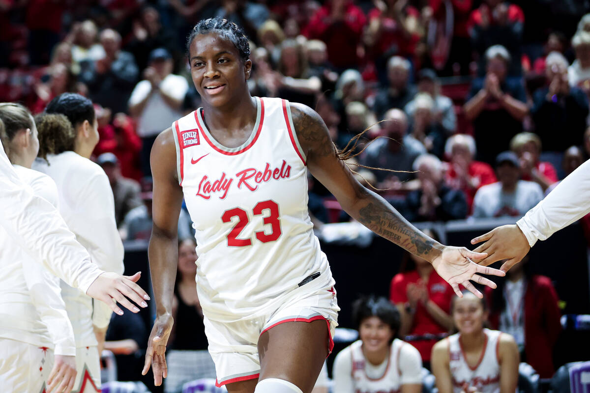 UNLV Lady Rebels center Desi-Rae Young (23) is announced in the starting lineup during the firs ...