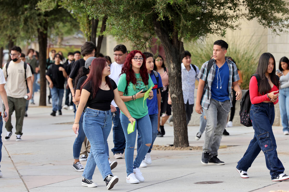 Students arrive for the first day of the school year at Eldorado High School in Las Vegas Monda ...