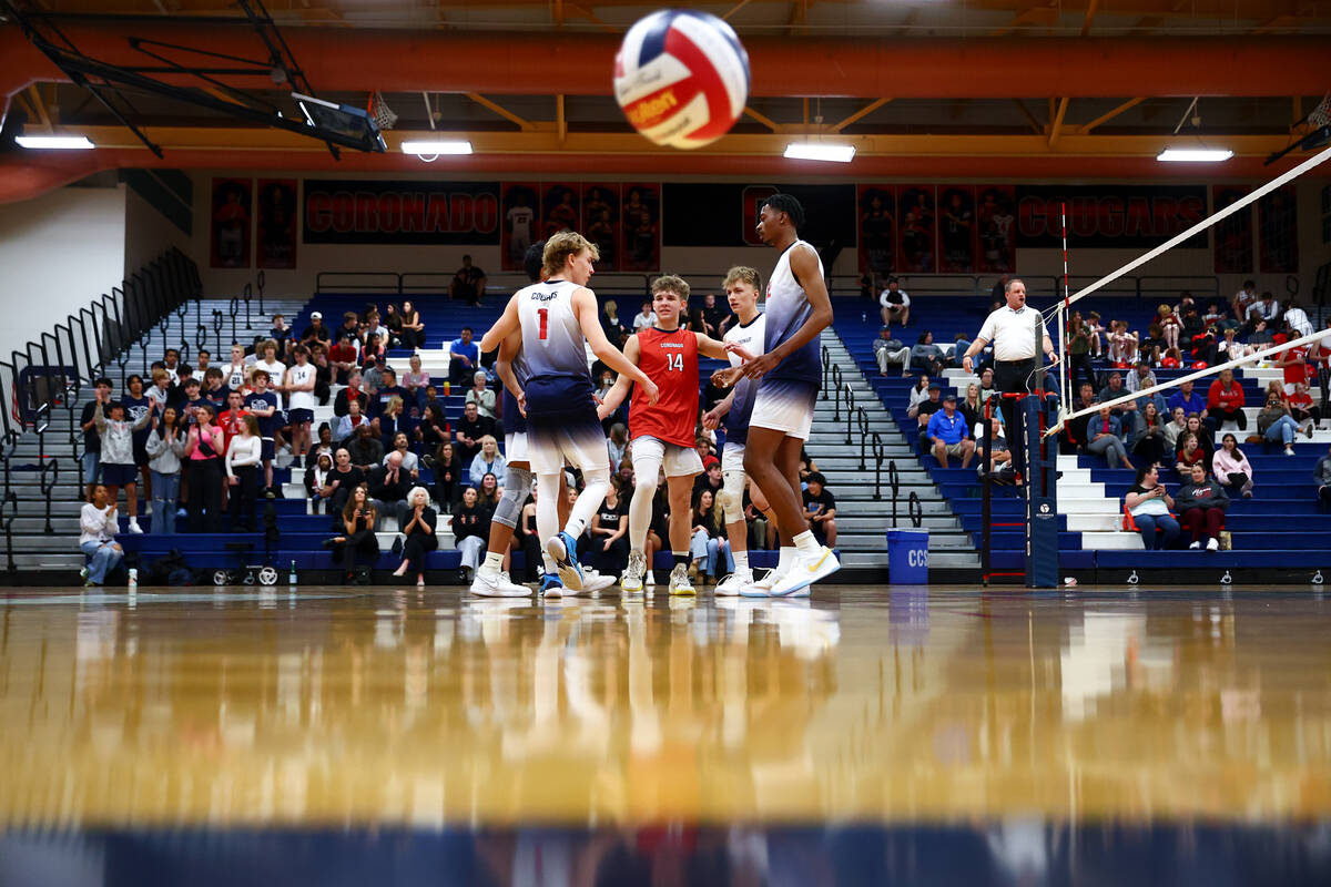 Coronado celebrates a point over Arbor View during a boys high school volleyball match at Coron ...