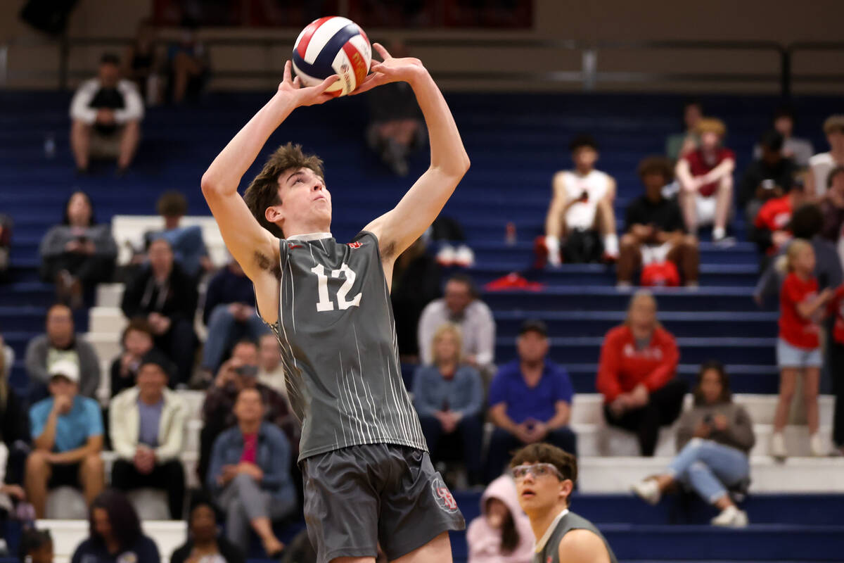 Arbor View setter Jaxon Leavitt passes the ball during a boys high school volleyball match agai ...