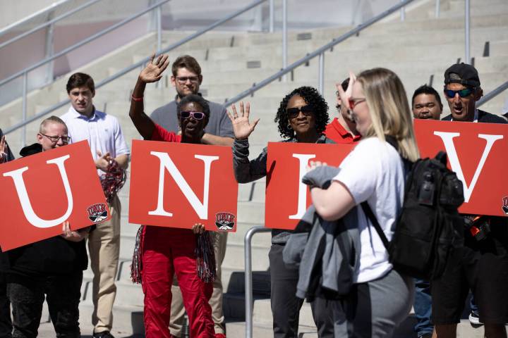 UNLV Lady Rebels head coach Lindy La Rocque is greeted by fans before the UNLV Lady Rebels boar ...