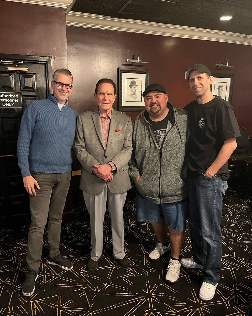 Gabriel Iglesias is shown with Rich Little, along with fellow comic Flip Schultz (far left) and ...