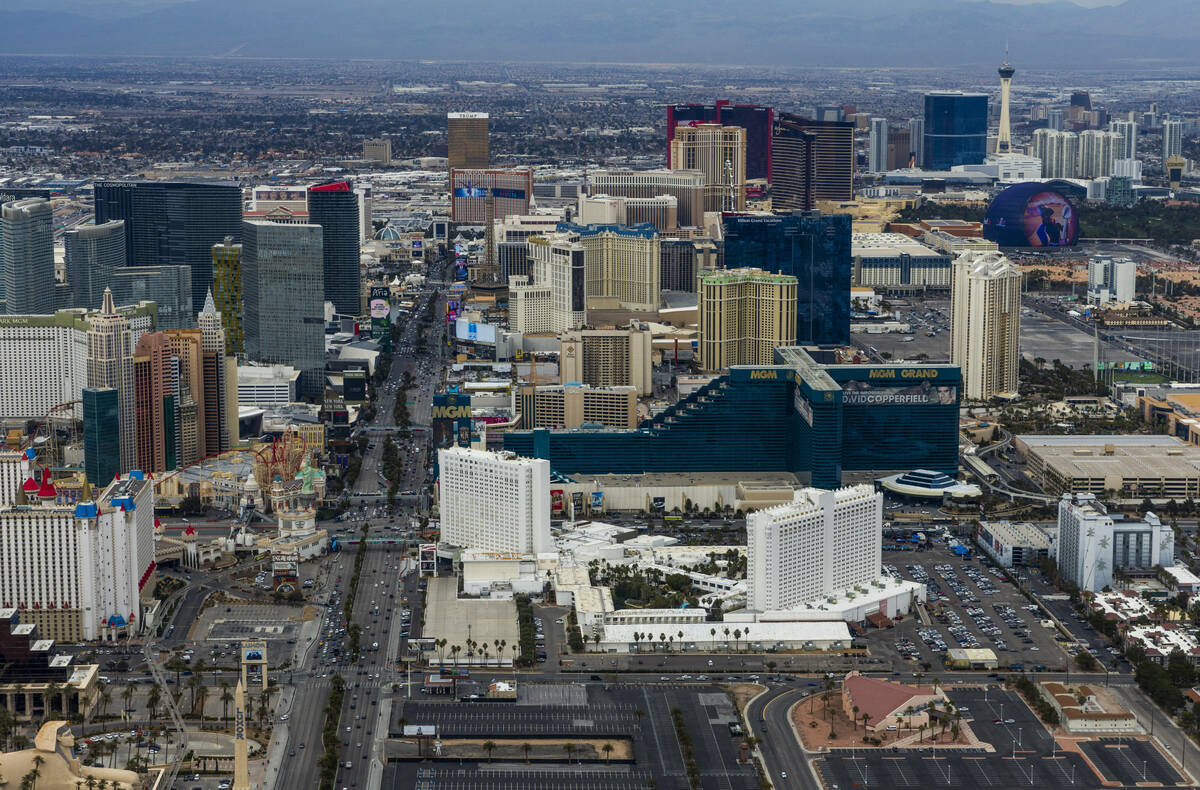 Properties along the Las Vegas Strip are seen on Friday, Feb. 9, 2024, in Las Vegas. (L.E. Bask ...