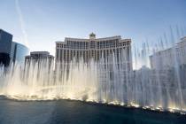 The fountain show plays as seen from the top floor of the Bellagio Fountain Club on Nov. 14, 20 ...