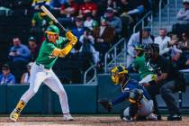 Oakland A’s catcher Tyler Soderstrom (21) is up to bat during a Big League Weekend game ...