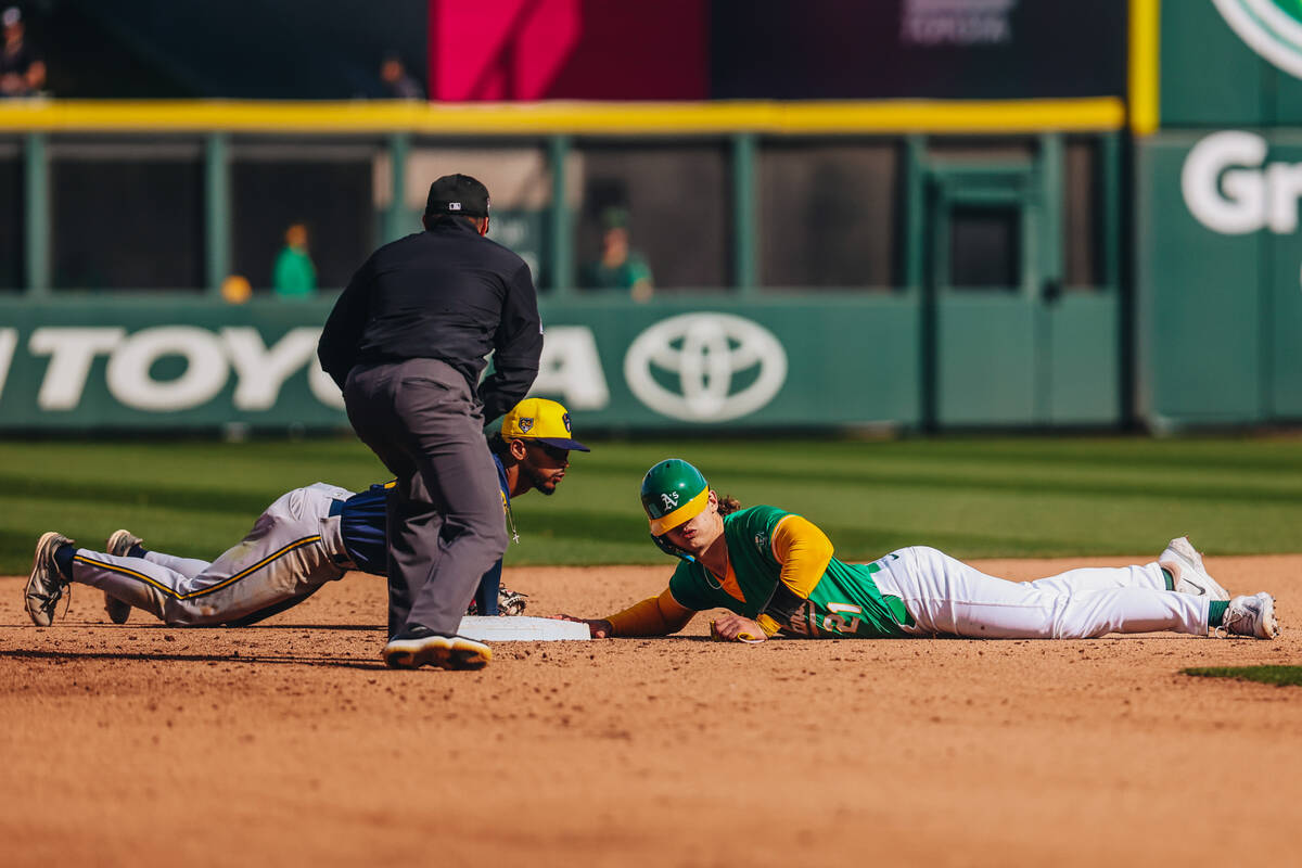 Oakland A’s catcher Tyler Soderstrom (21) is safe at third base during a Big League Week ...