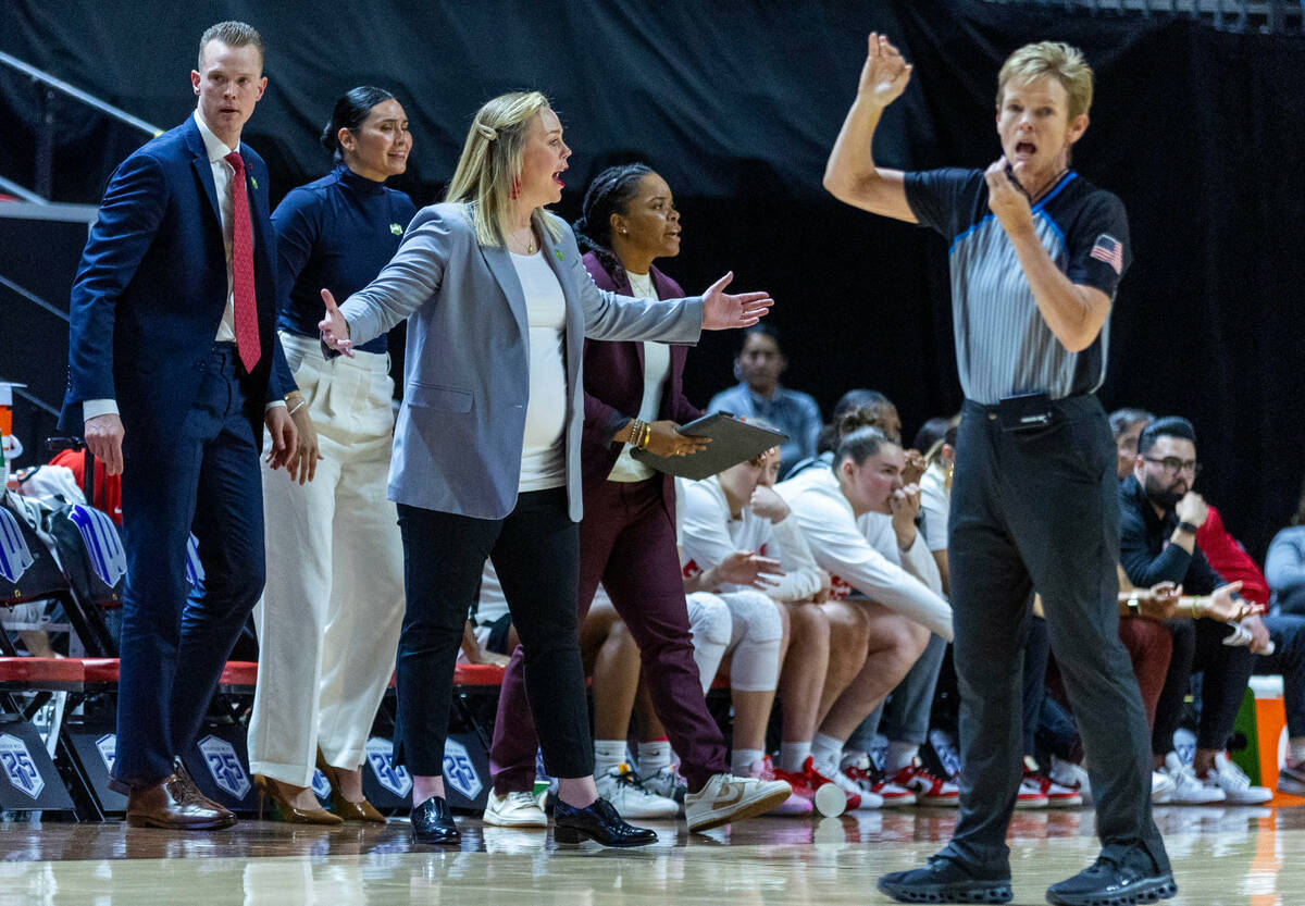 UNLV Lady Rebels head coach Lindy La Rocque is unhappy about a foul call for the Colorado State ...