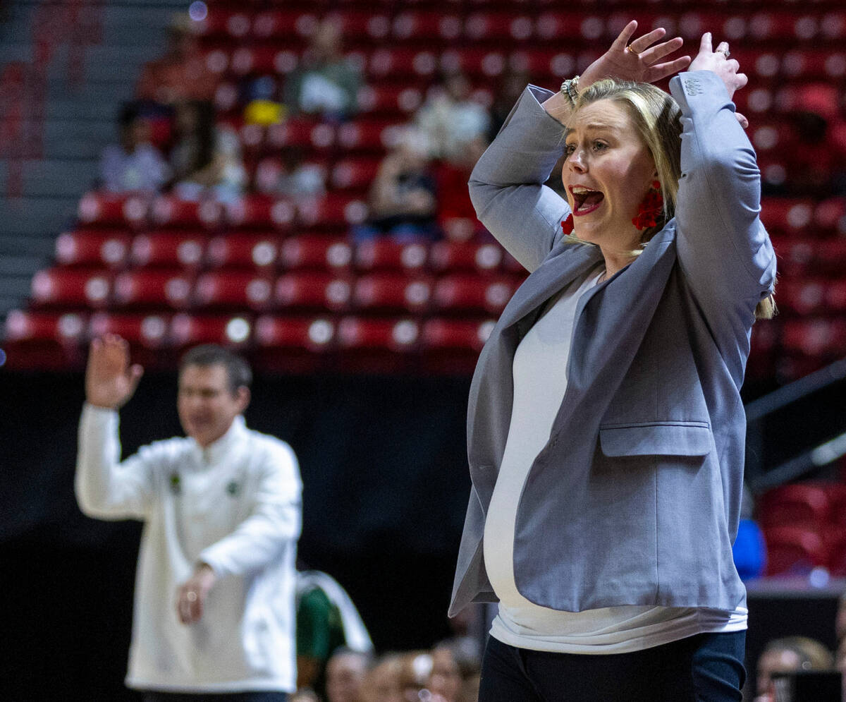 UNLV Lady Rebels head coach Lindy La Rocque is shocked by a foul call on her player against the ...